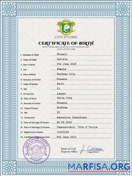 Printable Côte d’Ivoire vital record birth certificate PSD template